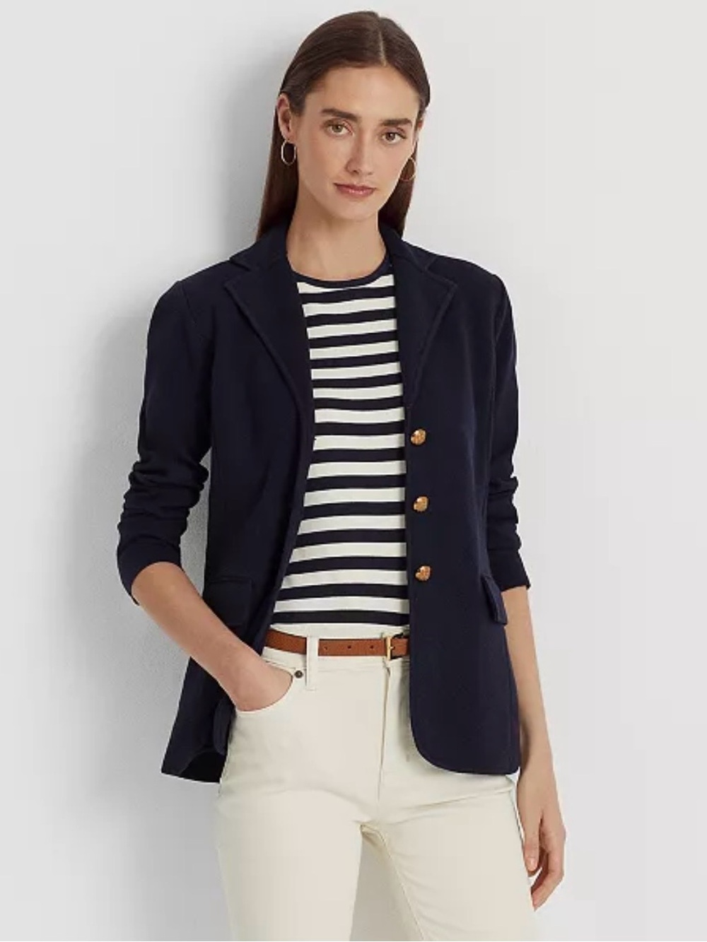 Ralph Lauren Navy Knit Blazer with Gold-Tone Buttons